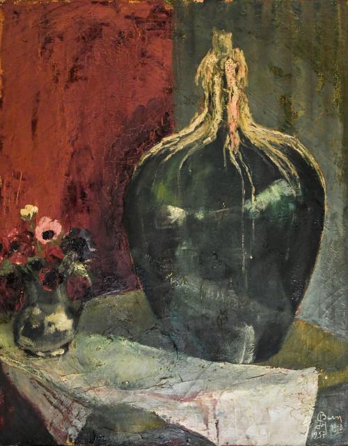 Schilderij met de naam Kruik met kaars, vaas met bloemen van Jef Burm