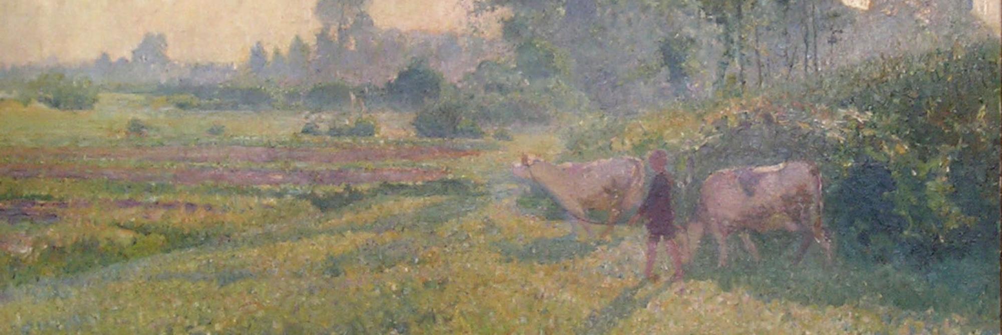Schilderij Bij morgendauw van Ernest Welvaert: een zomers tafereel